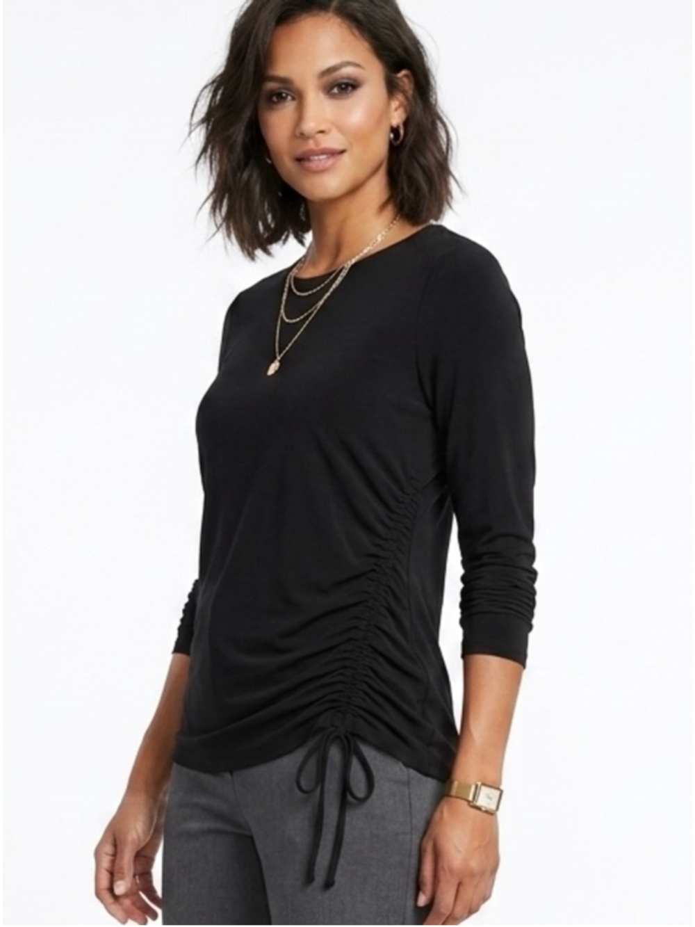Women's Adrianna Papell Long Sleeve Ruched Tee Black Size M 1890